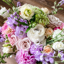 Load image into Gallery viewer, Close up image of Designer's Selection flower arrangement in vase featuring rose, dahlia, stock, ranunculus, and lisianthus. - Designer's Selection, Vase Arrangement