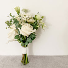 Load image into Gallery viewer, Delicate bridesmaid bouquet in all white color palette featuring roses featured in San Francisco wedding - Bridesmaid Bouquet
