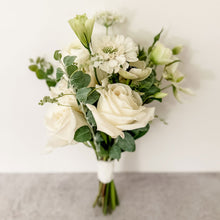 Load image into Gallery viewer, Delicate bridesmaid bouquet in all white color palette featuring roses featured in San Francisco wedding - Bridesmaid Bouquet