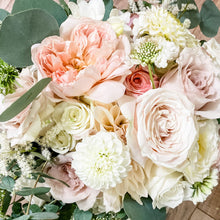 Load image into Gallery viewer, Delicate pastel bridal bouquet with peonies, roses, and seasonal flowers from the San Francisco Flower Market, designed in a refined garden-style with soft greenery - Bridal Bouquet