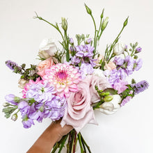 Load image into Gallery viewer, Designer's Selection handtied flower bouquet featuring rose, ranunculus, dahlia, freesia. Bride's elopement bouquet - Designer's Selection, Hand-tied Bouquet