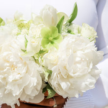 Load image into Gallery viewer, Elegant all-white bridal bouquet featuring peonies and seasonal blooms from the San Francisco Flower Market, designed in a refined garden-style - Bridal Bouquet