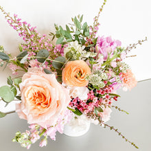 Load image into Gallery viewer, San Francisco florist Flower Lab Design's signature flower arrangement featuring: quicksand rose, ranunculus, tulip, waxflower, lisianthus, and eucalyptus - Sweet Treat, Arranged