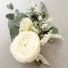 Load image into Gallery viewer, San Francisco wedding florist Flower Lab Design. Classic wedding boutonniere featuring white ranunculus and eucalyptus for the groom - Classic Boutonniere