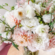 Load image into Gallery viewer, San Francisco wedding reception centerpiece featuring white dahlia, rose, butterfly ranunculus, and astilbe - Designer's Selection, Vase Arrangement