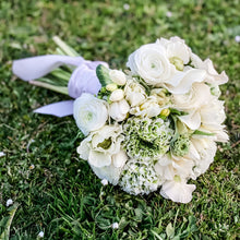 Load image into Gallery viewer, bridal bouquet with white seasonal blooms from the San Francisco Flower Market, featuring a refined garden-style design with lush greenery and graceful flowers - Bridal Bouquet