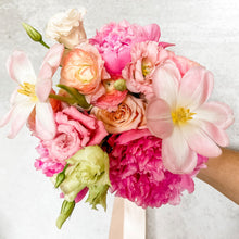Load image into Gallery viewer, bright pink bridesmaid bouquet featuring tulips, roses, peonies, ranunculus, and lisianthus by san francisco floral designers at Flower Lab Design - Bridesmaid Bouquet