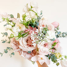 Load image into Gallery viewer, delicate bridal bouquet in soft pastel pink featuring ranunculus, astilbe, rose, mum, eucalyptus - Bridal Bouquet