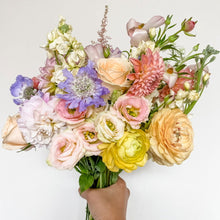 Load image into Gallery viewer, floral designer's selection handtied bouquet featuring rose, dahlia, lisianthus, ranunculus, butterfly ranunculus, scabiosa - Designer's Selection, Hand-tied Bouquet