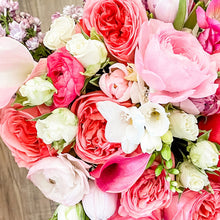 Load image into Gallery viewer, fresh pink rose, ranunculus, freesia, tulip, calla lily, and lilac flower arrangement - Designer's Selection, Vase Arrangement