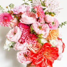 Load image into Gallery viewer, handtied designer's selection flower bouquet featuring garden rose, spray rose, dahlia, peony, lily, eucalyptus - Designer's Selection, Hand-tied Bouquet