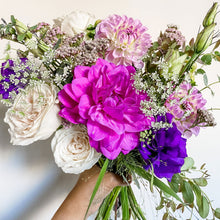 Load image into Gallery viewer, handtied flower bouquet featuring pink and purple dahlia, white rose, and purple lisianthus - Designer's Selection, Hand-tied Bouquet