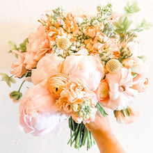 Load image into Gallery viewer, peach and white wrapped fresh flower bouquet for birthdays, just because, graduations, new baby - Designer's Selection, Hand-tied Bouquet