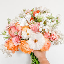 Load image into Gallery viewer, pink, orange, and white wrapped fresh flower bouquet for birthdays, just because, graduations, new baby - Designer's Selection, Hand-tied Bouquet