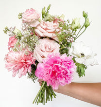 Load image into Gallery viewer, pretty pink and white bridal bouquet featuring peony, rose, ranunculus and seasonal flowers from the San Francisco Flower Market, designed in a refined garden style - Bridal Bouquet
