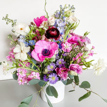 Load image into Gallery viewer, wedding centerpiece featuring anemone, lisianthus, and butterfly ranunculus in pink and purple - Designer's Selection, Vase Arrangement