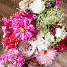 Load image into Gallery viewer, wedding elopement bouquet featuring dahlia, rose, freesia, queen anne's lace, and astilbe - Designer's Selection, Vase Arrangement