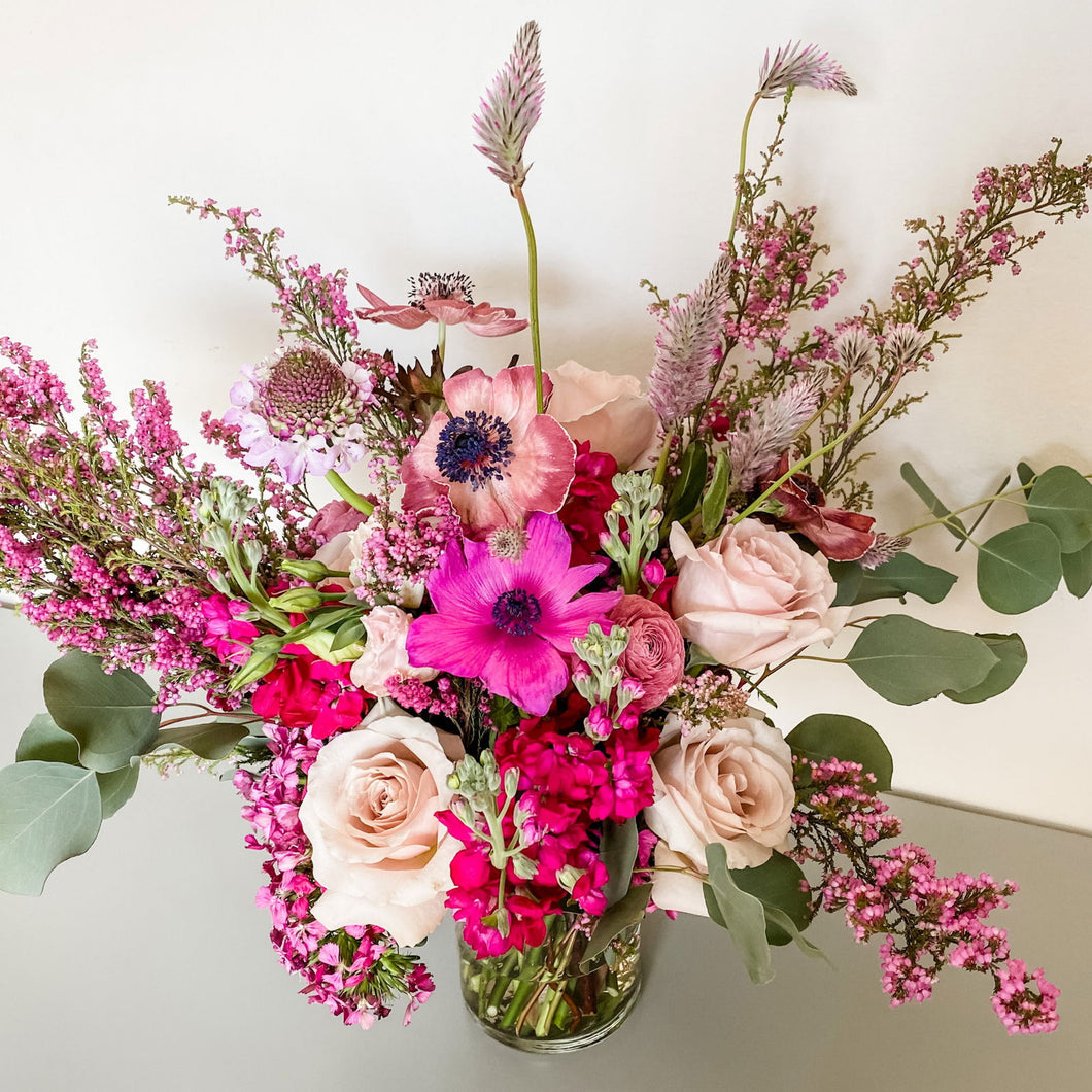 flower lab design san francisco floral arrangement in glass vase featuring quicksand rose, anemone, heather, scabiosa, sweet william, eucalyptus - Designer's Selection, Vase Arrangement