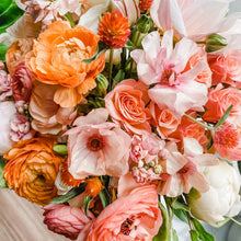 Load image into Gallery viewer, fresh peony, ranunculus, rose flower arrangement in orange and pink - Designer&#39;s Selection, Vase Arrangement
