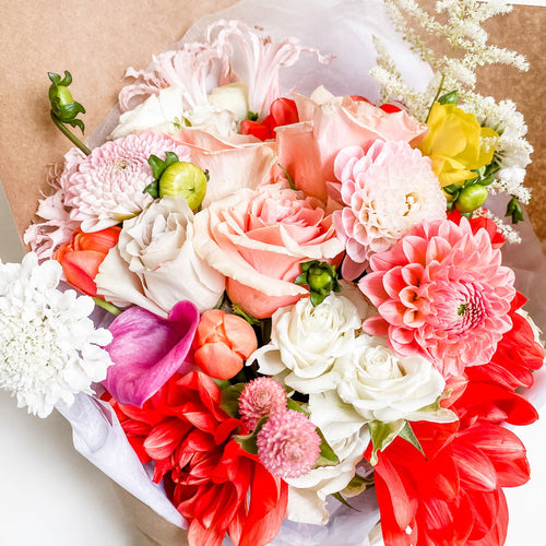 handtied designer's selection flower bouquet featuring quicksand rose, spray rose, dahlia, astilbe, scabiosa, lily, eucalyptus - Designer's Selection, Hand-tied Bouquet