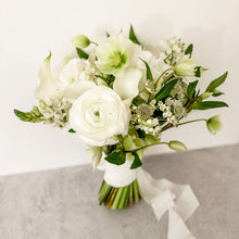 Load image into Gallery viewer, san francisco wedding florist bride bouquet all white color palette features ranunculus, astrantia, calla lily, hellebore - Bridal Bouquet
