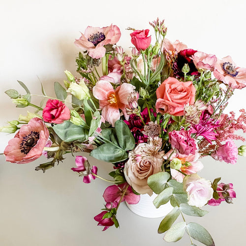 stunning wedding elopement centerpiece featuring anemone, rose, and lisianthus - Designer's Selection, Vase Arrangement