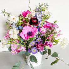 Load image into Gallery viewer, wedding centerpiece featuring anemone, lisianthus, and butterfly ranunculus in pink and purple - Designer&#39;s Selection, Vase Arrangement
