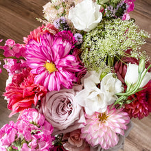 Load image into Gallery viewer, wedding elopement bouquet featuring dahlia, rose, freesia, queen anne&#39;s lace, and astilbe - Designer&#39;s Selection, Vase Arrangement
